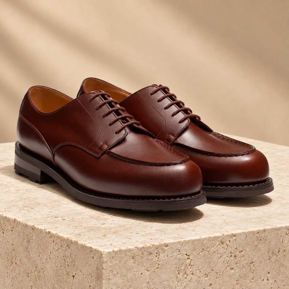 Derby brun cacao à bout mocassin, photographié sur une dalle de pierre claire