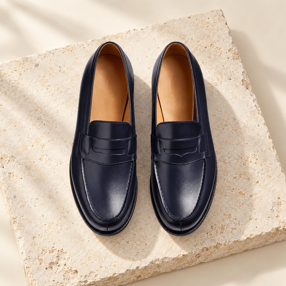 Loafer en cuir bleu marine à bandeau, photographié sur une dalle de pierre claire