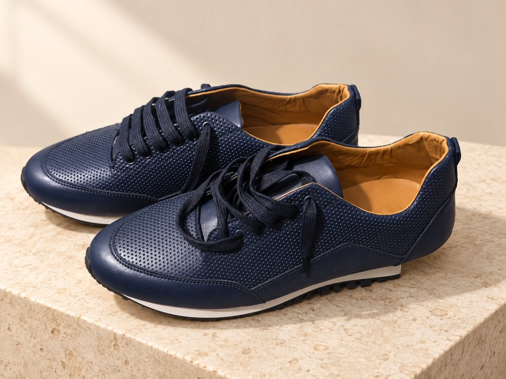 Visuel d'ambiance généré par IA : une paire de sneakers en cuir marine perforé, lacets marine, sur un bloc de pierre claire